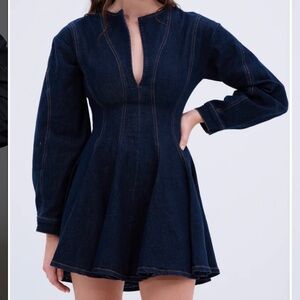 ALL ABOUT MY BUSINESS DENIM MINI DRESS IN DARK BLUE Akira
